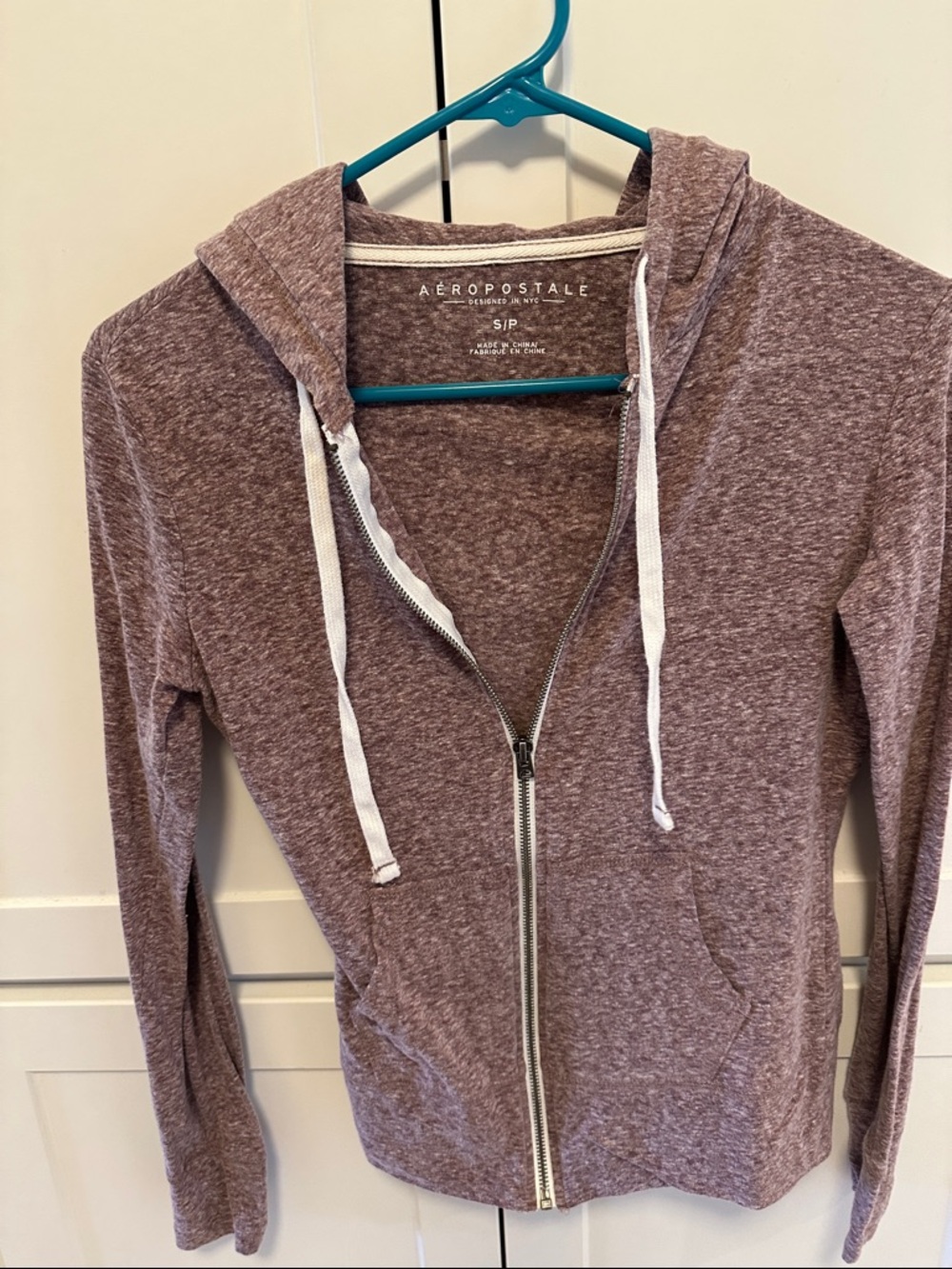 Aeropostale Women's Heather Mauve Zip Hoodie with White Drawstrings